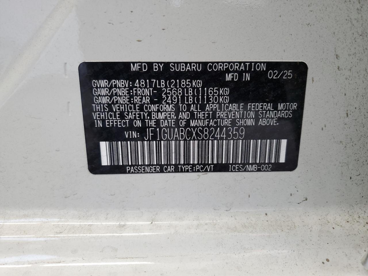 2025 Subaru Impreza VIN: JF1GUABCXS8244359 Lot: 65015895