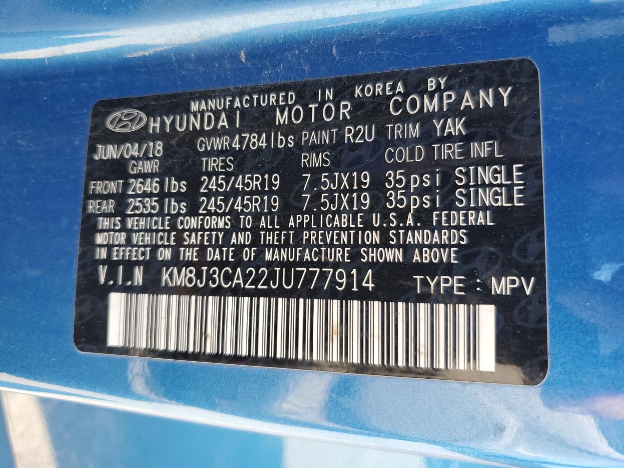 2018 Hyundai Tucson Value VIN: KM8J3CA22JU777914 Lot: 65572415
