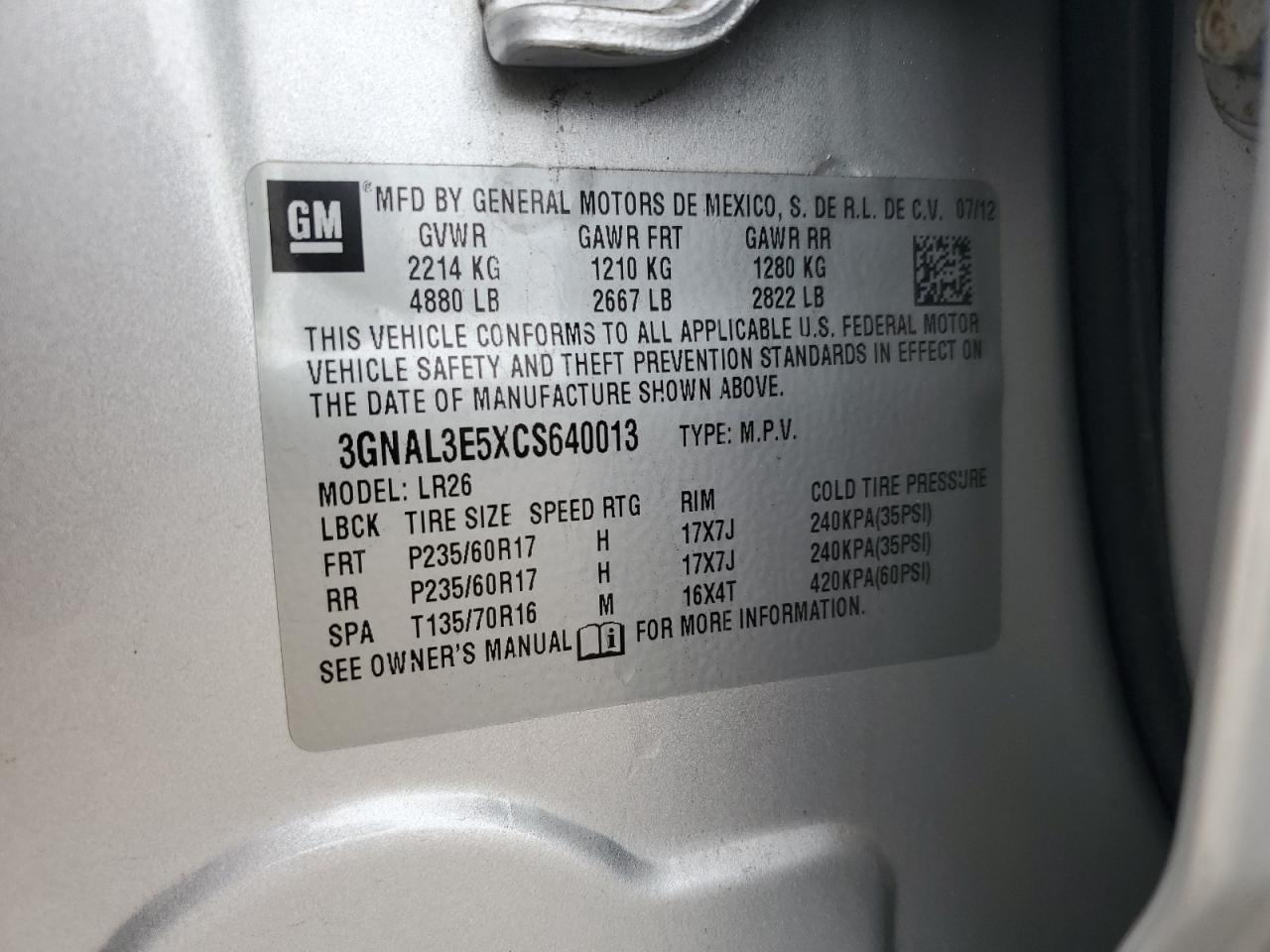 2012 Chevrolet Captiva Sport VIN: 3GNAL3E5XCS640013 Lot: 63524585
