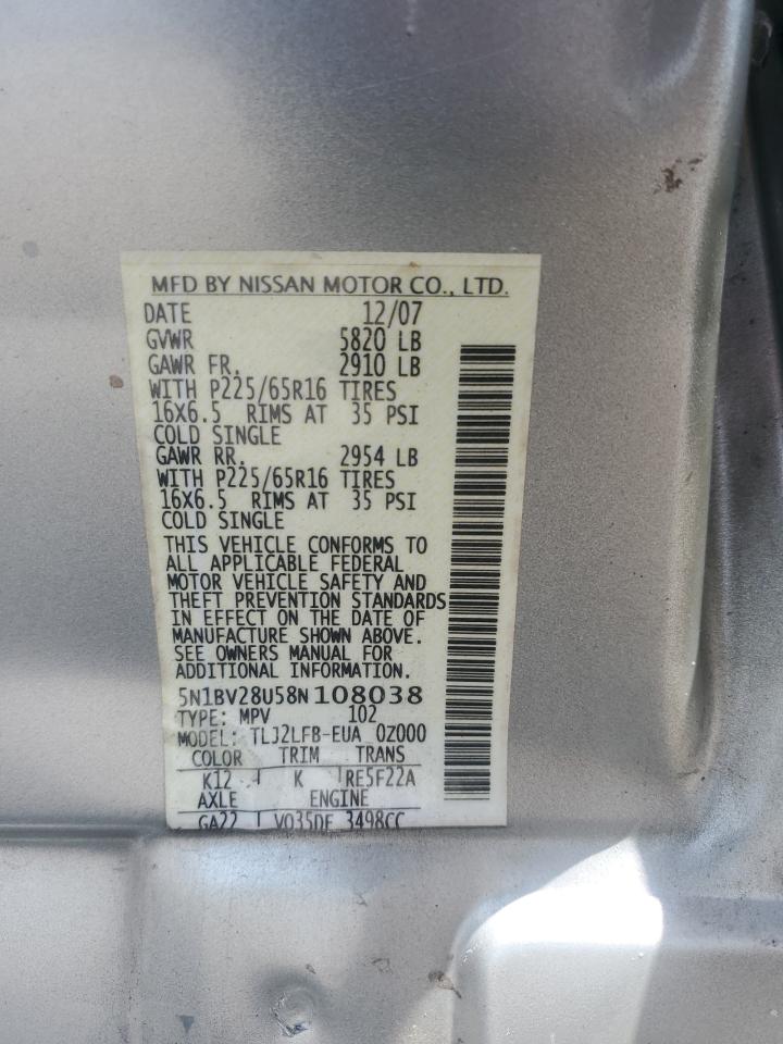 2008 Nissan Quest S VIN: 5N1BV28U58N108038 Lot: 66520295