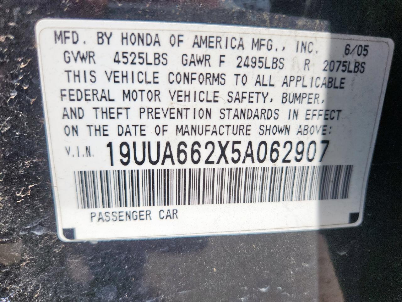 2005 Acura Tl VIN: 19UUA662X5A062907 Lot: 64592405