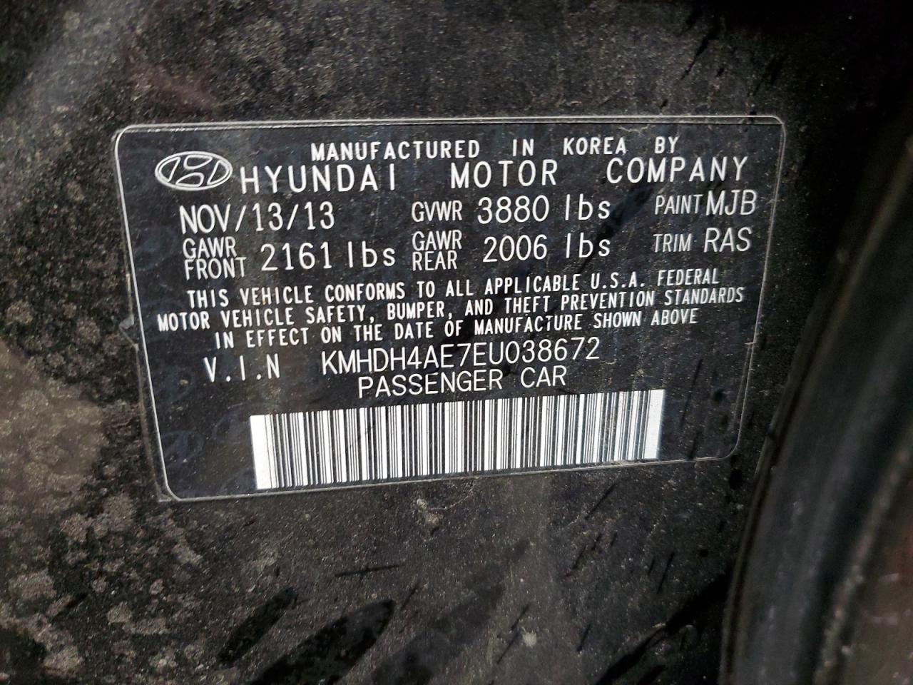 2014 Hyundai Elantra Se VIN: KMHDH4AE7EU038672 Lot: 65360235