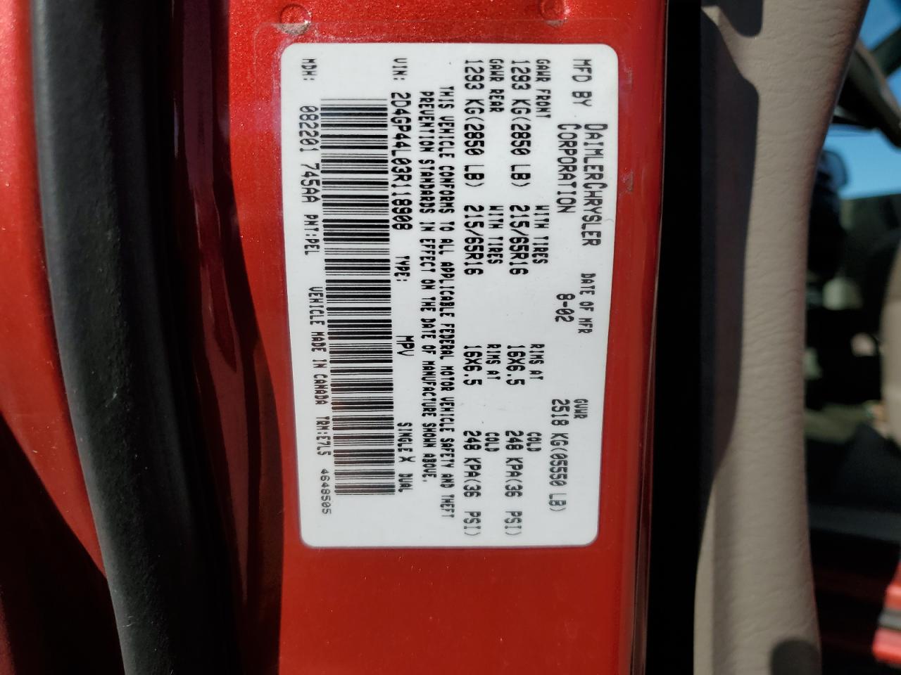 2003 Dodge Grand Caravan Sport VIN: 2D4GP44L03R118908 Lot: 63680735