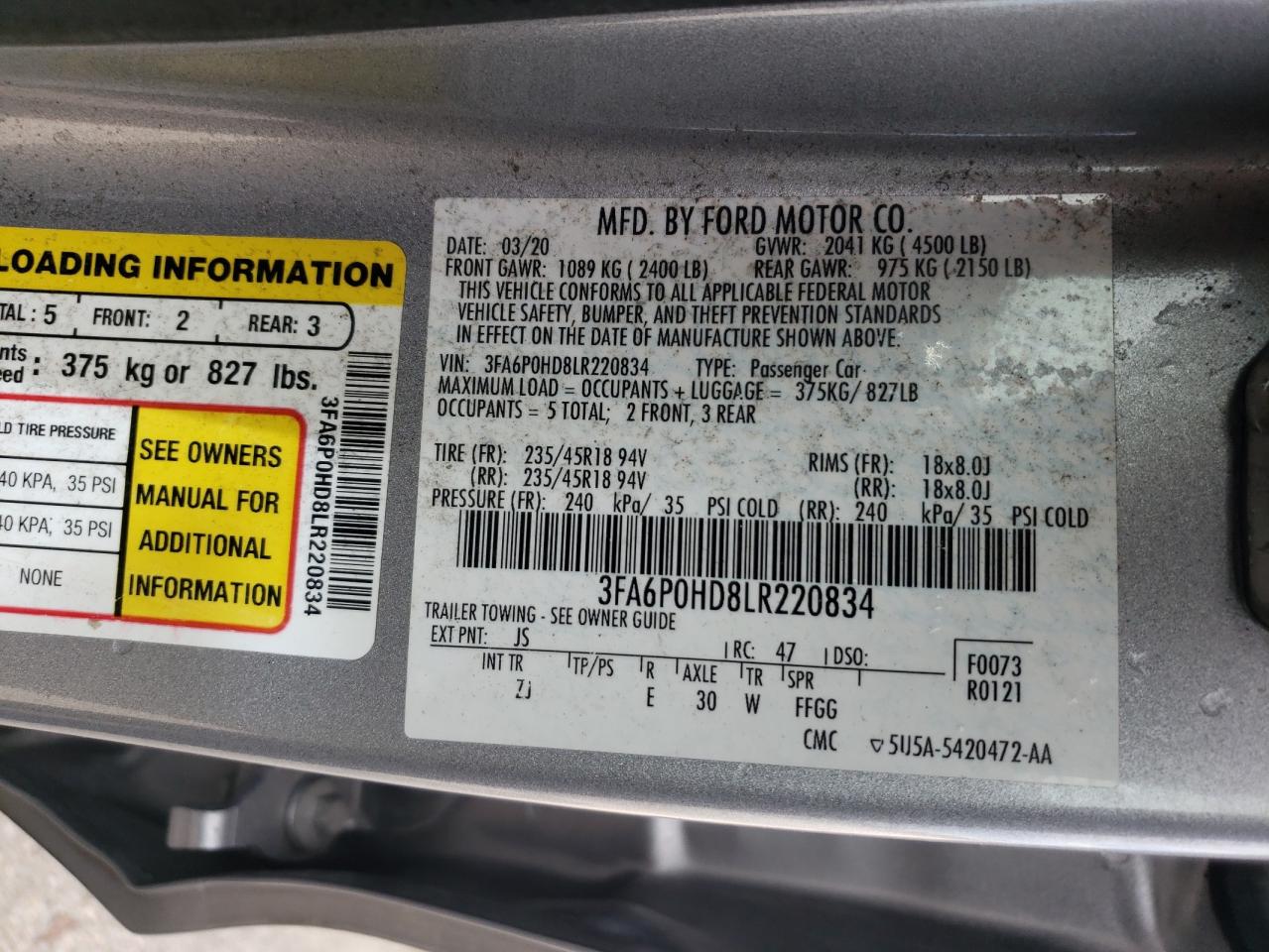 2020 Ford Fusion Se VIN: 3FA6P0HD8LR220834 Lot: 63946975