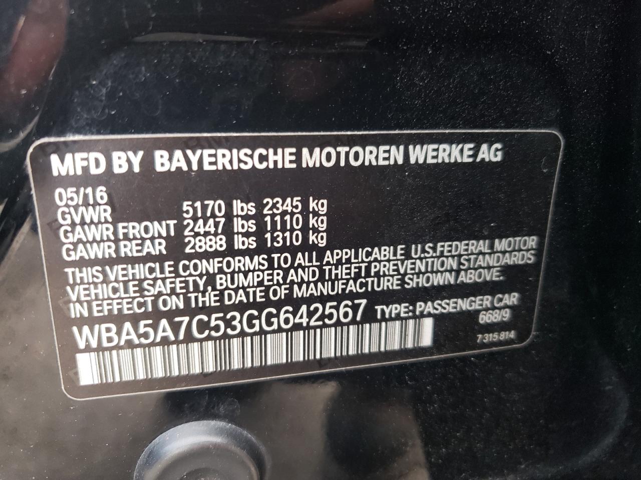 2016 BMW 528 Xi VIN: WBA5A7C53GG642567 Lot: 65122455