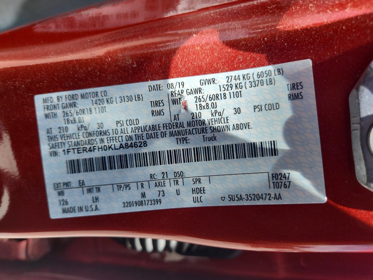 2019 Ford Ranger Xl VIN: 1FTER4FH0KLA84628 Lot: 65271035