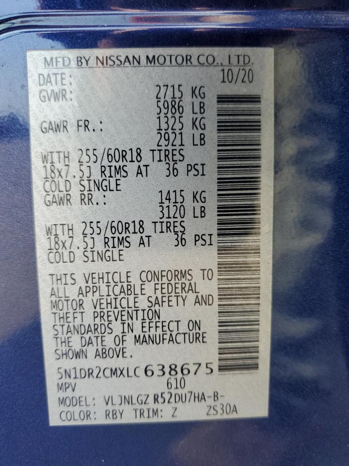 2020 Nissan Pathfinder Sl VIN: 5N1DR2CMXLC638675 Lot: 64974925