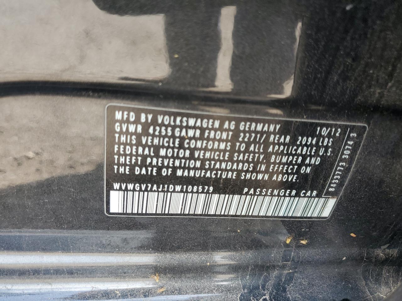 2013 Volkswagen Gti VIN: WVWGV7AJ1DW108579 Lot: 65060735