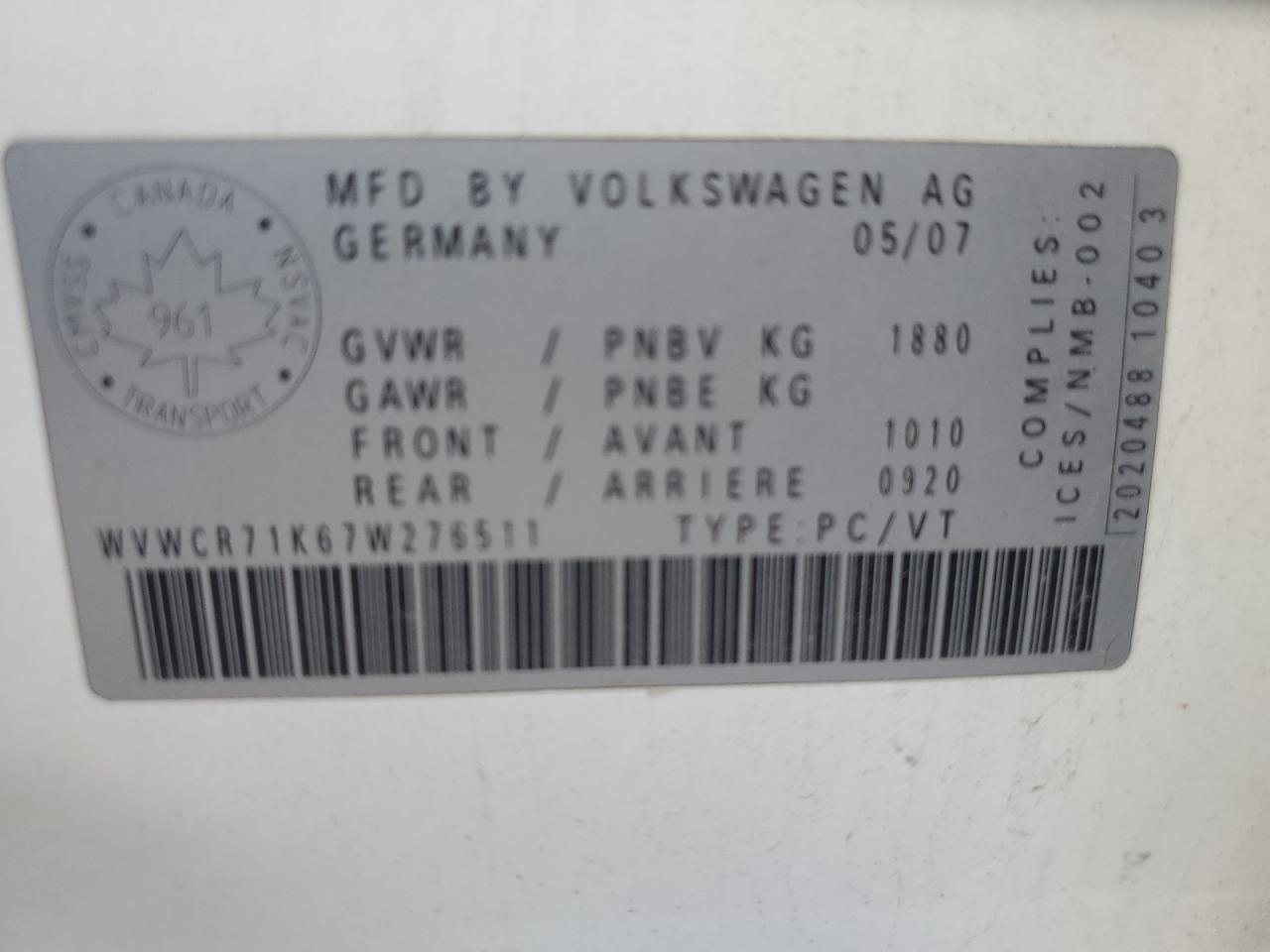 wvwcr71k67w276511 WVWCR71K67W276511 2007 Volkswagen Rabbit