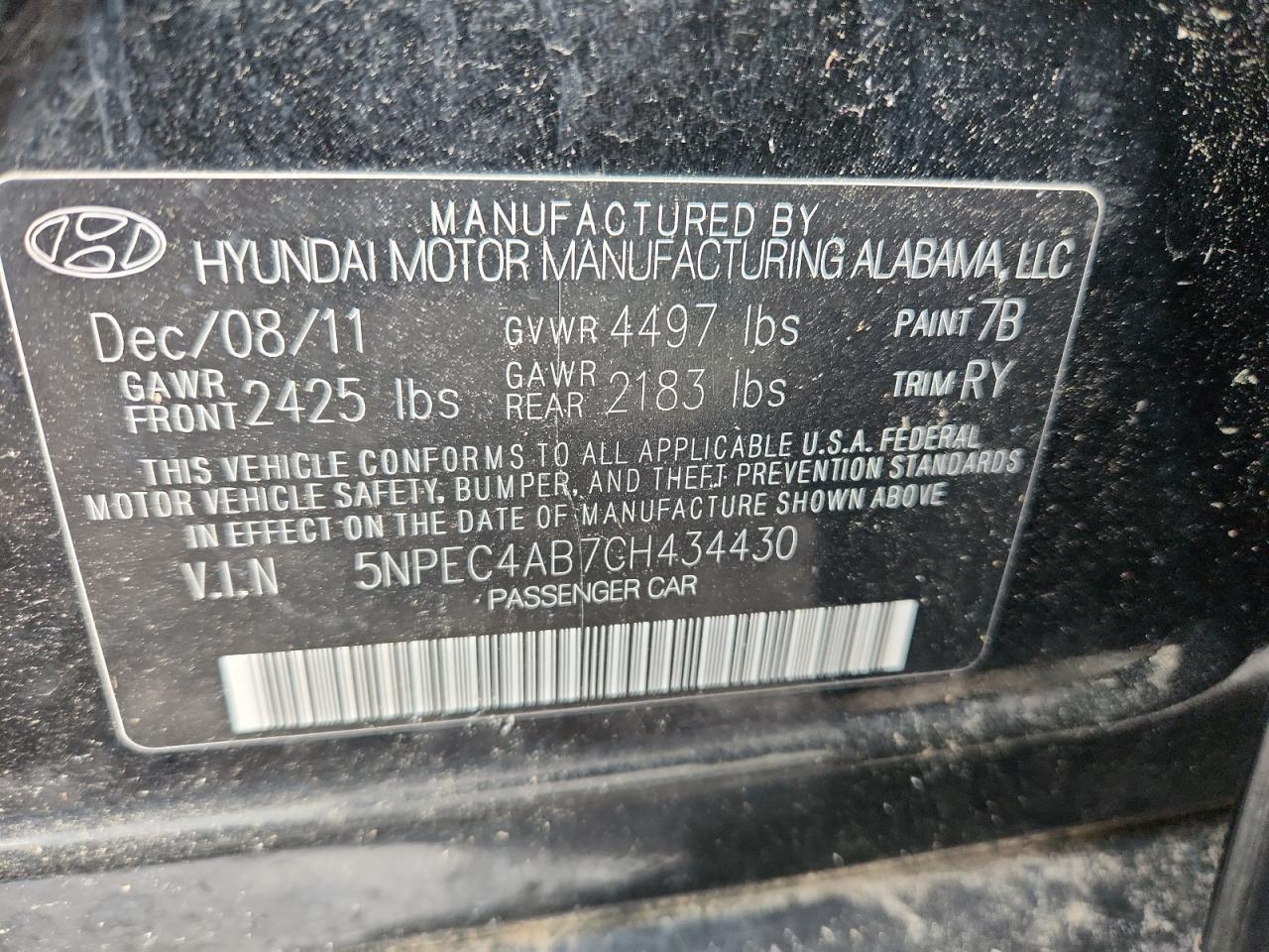 2012 Hyundai Sonata Se VIN: 5NPEC4AB7CH434430 Lot: 65259895