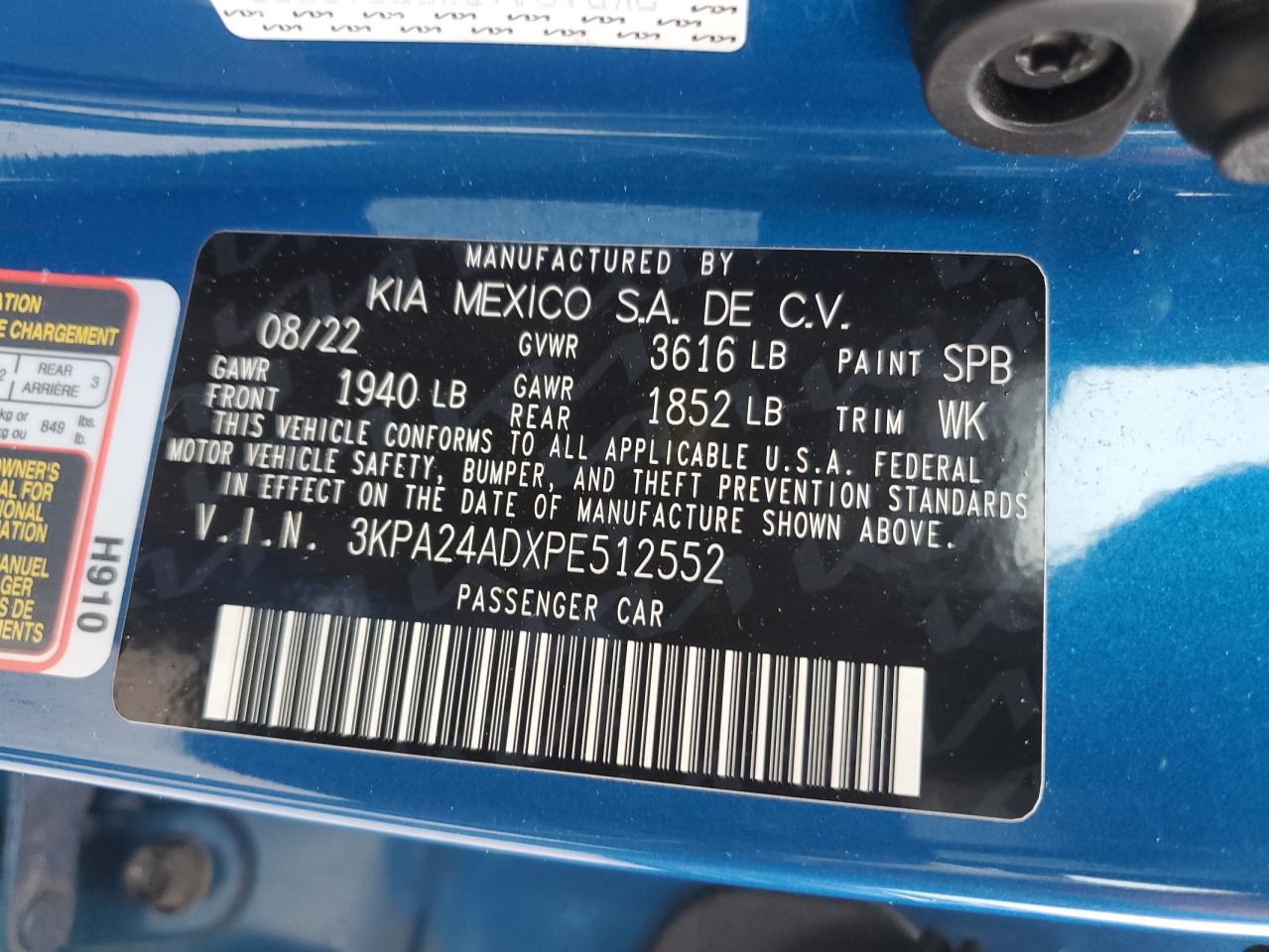 2023 Kia Rio Lx VIN: 3KPA24ADXPE512552 Lot: 63653195