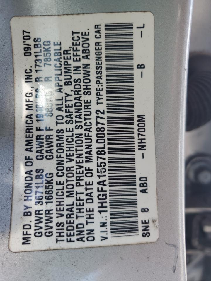 2008 Honda Civic Lx VIN: 1HGFA15578L008772 Lot: 64426595