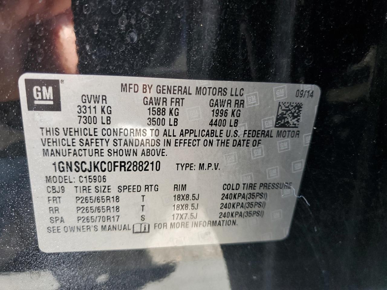 2015 Chevrolet Suburban C1500 Lt VIN: 1GNSCJKC0FR288210 Lot: 64307805
