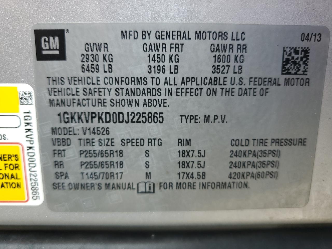 2013 GMC Acadia Sle VIN: 1GKKVPKD0DJ225865 Lot: 65129465
