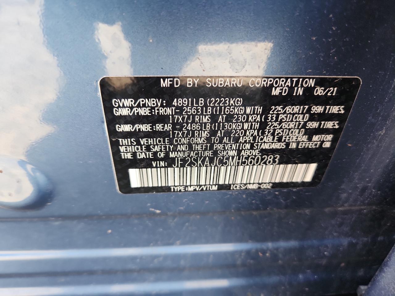 2021 Subaru Forester Premium VIN: JF2SKAJC5MH560283 Lot: 63492855