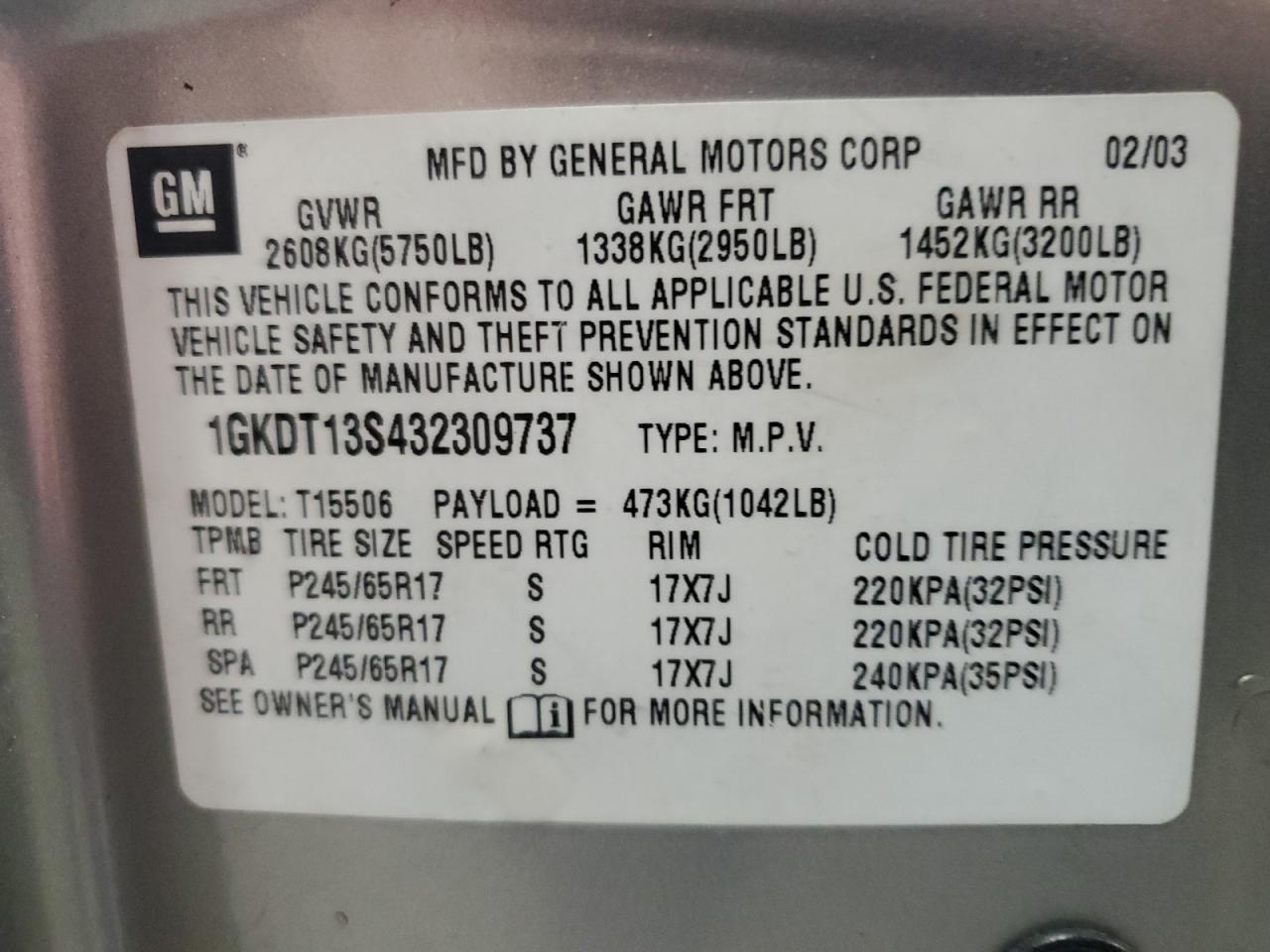2003 GMC Envoy VIN: 1GKDT13S432309737 Lot: 64777635