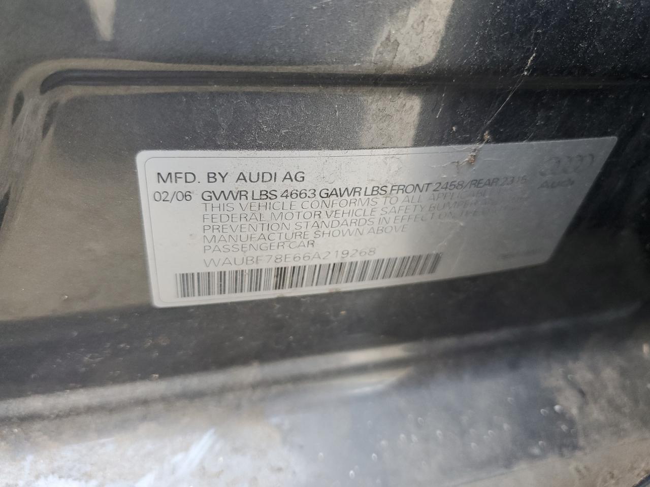 2006 Audi A4 S-Line 2.0T Turbo VIN: WAUBF78E66A219268 Lot: 65170205