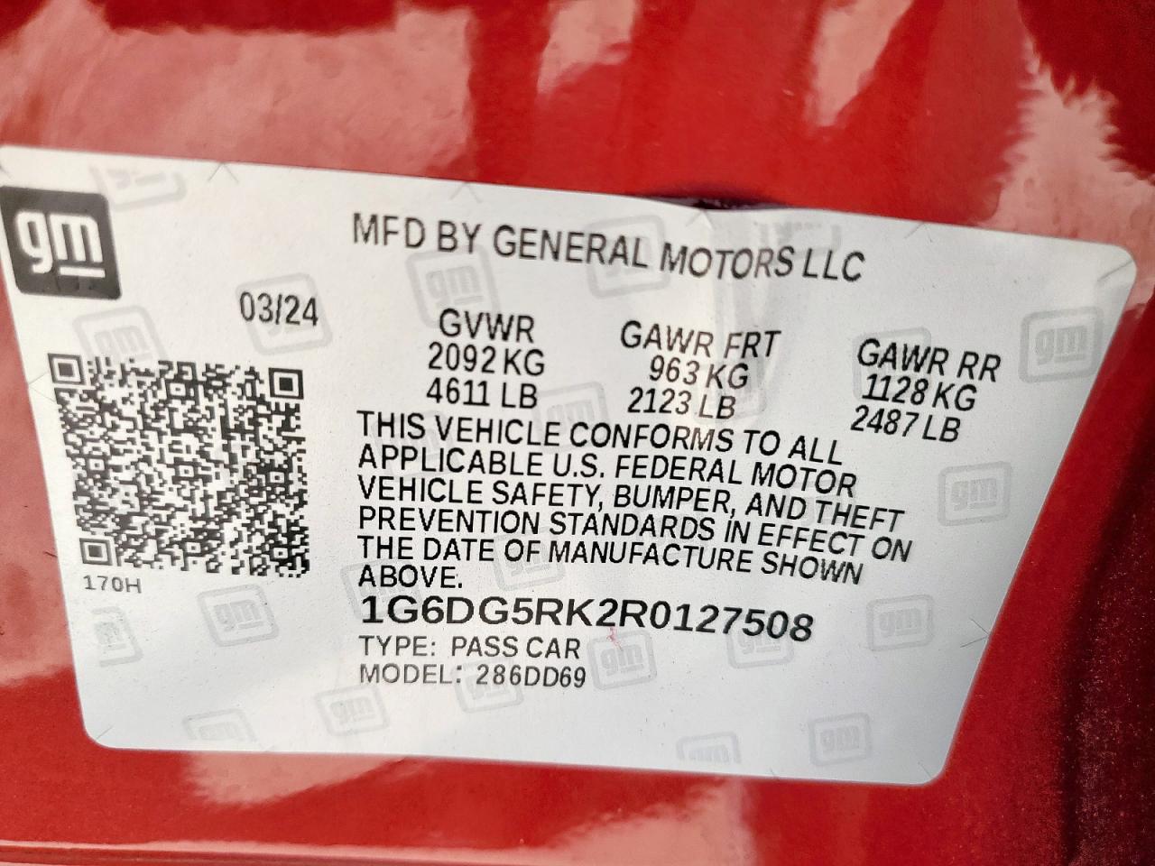 2024 Cadillac Ct4 Sport VIN: 1G6DG5RK2R0127508 Lot: 65630485