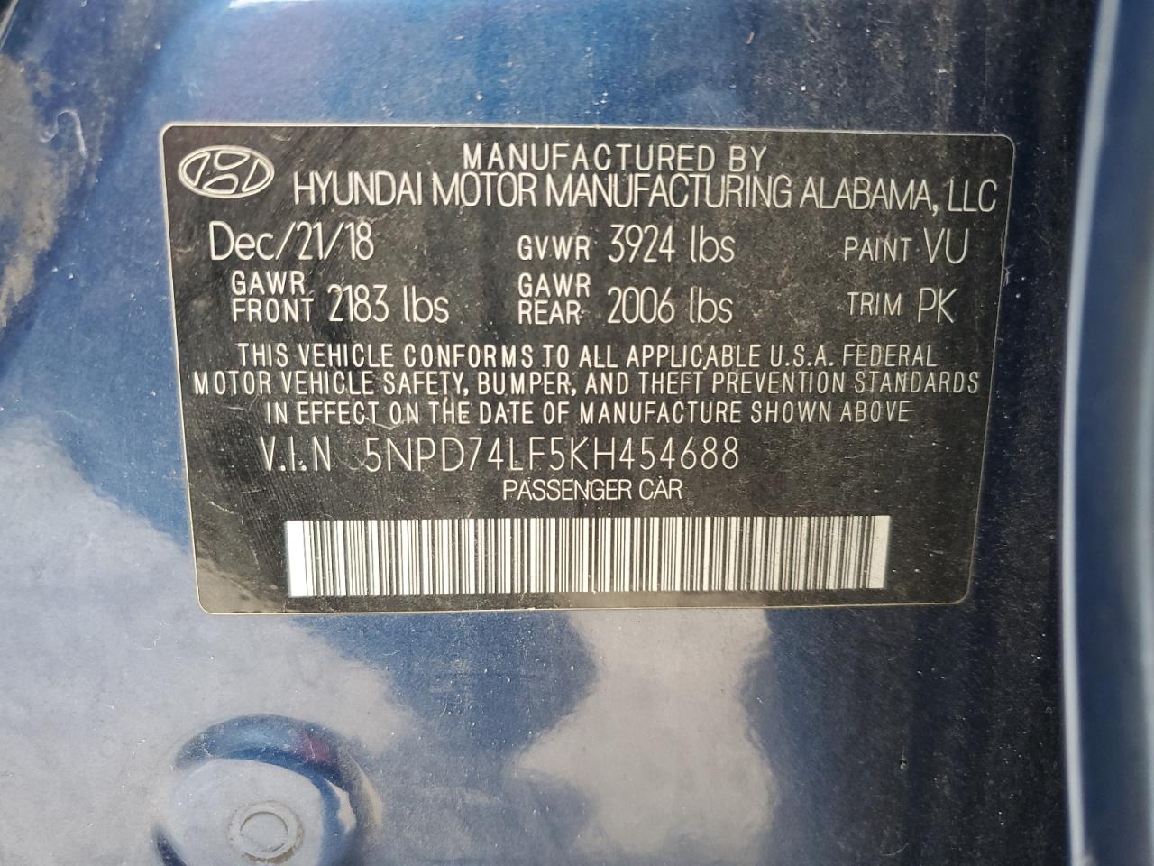 2019 Hyundai Elantra Se VIN: 5NPD74LF5KH454688 Lot: 64944395