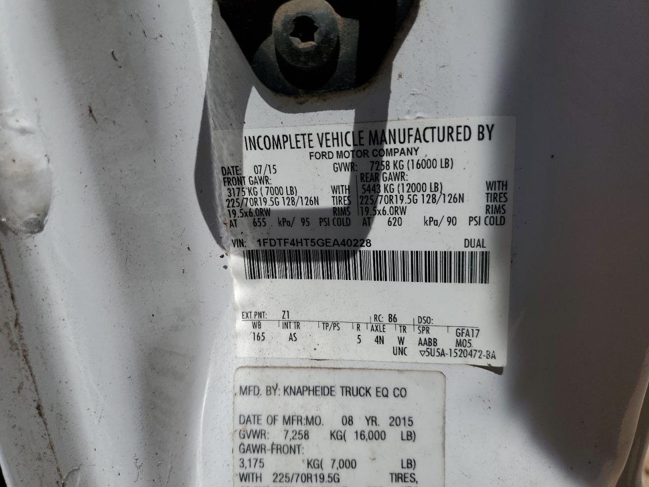 2016 Ford F450 Super Duty VIN: 1FDTF4HT5GEA40228 Lot: 64761435