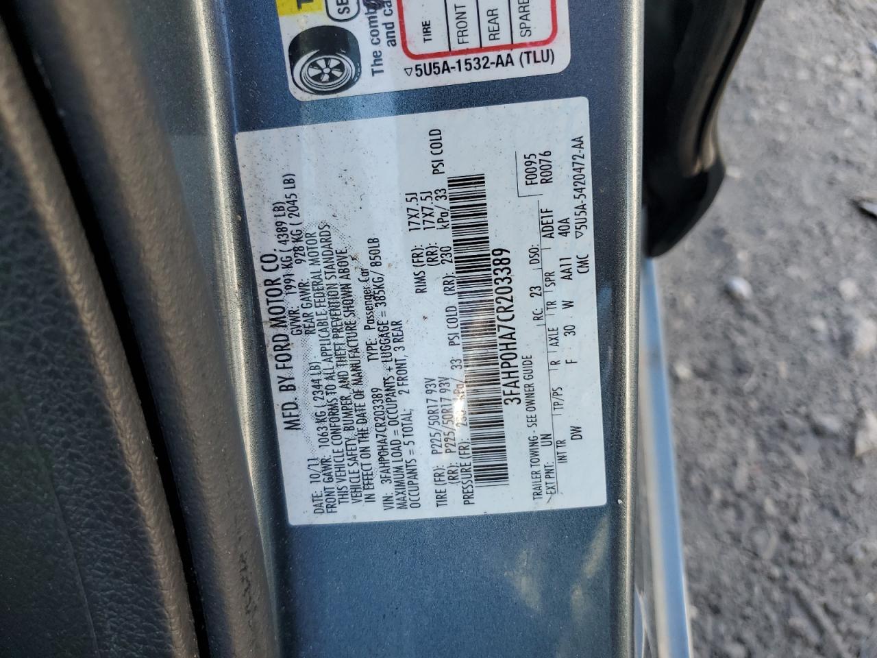 2012 Ford Fusion Se VIN: 3FAHP0HA7CR203389 Lot: 63876315