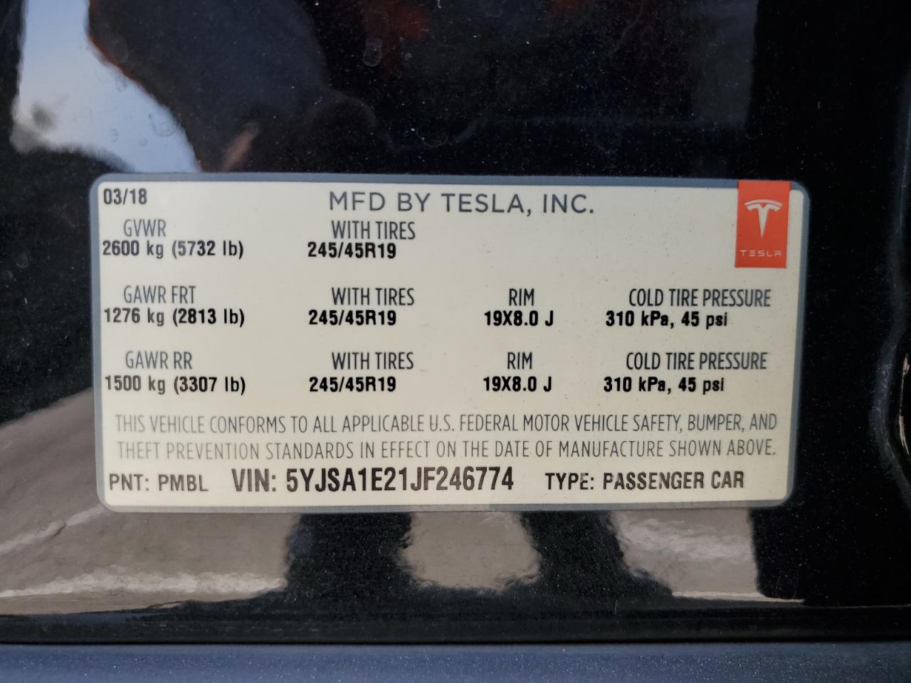 2018 Tesla Model S VIN: 5YJSA1E21JF246774 Lot: 63787815