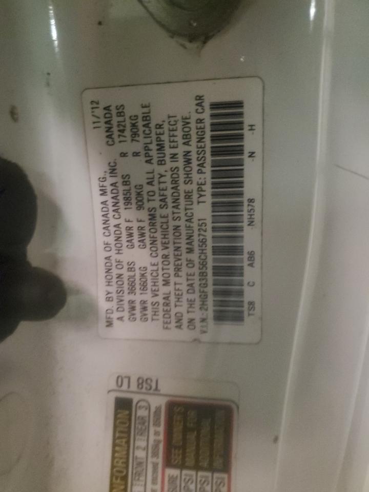 2012 Honda Civic Lx VIN: 2HGFG3B56CH567251 Lot: 65405275
