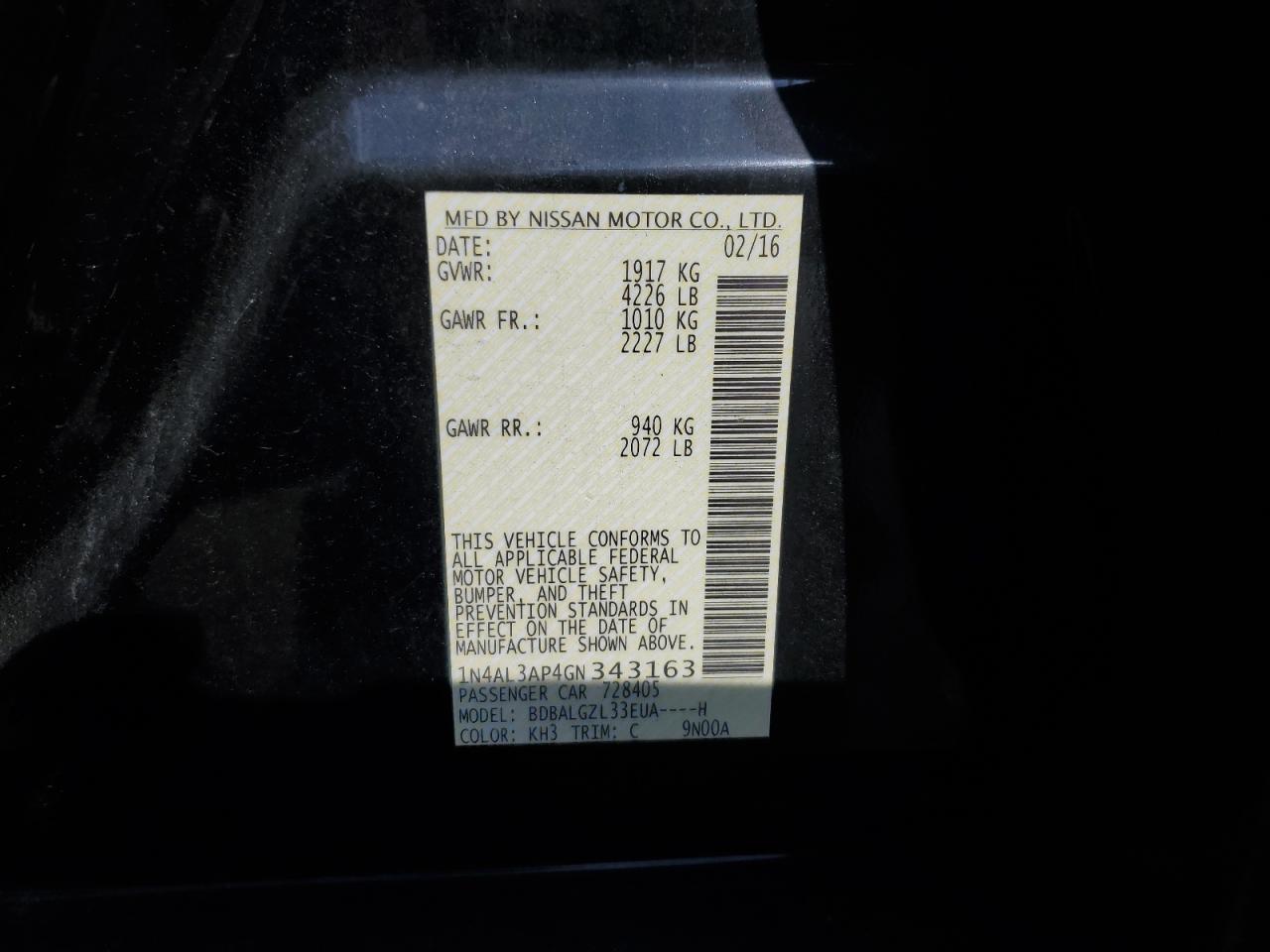 2016 Nissan Altima 2.5 VIN: 1N4AL3AP4GN343163 Lot: 65268575