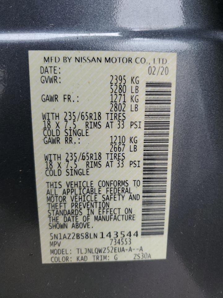 2020 Nissan Murano Sv VIN: 5N1AZ2BS8LN143544 Lot: 62723805