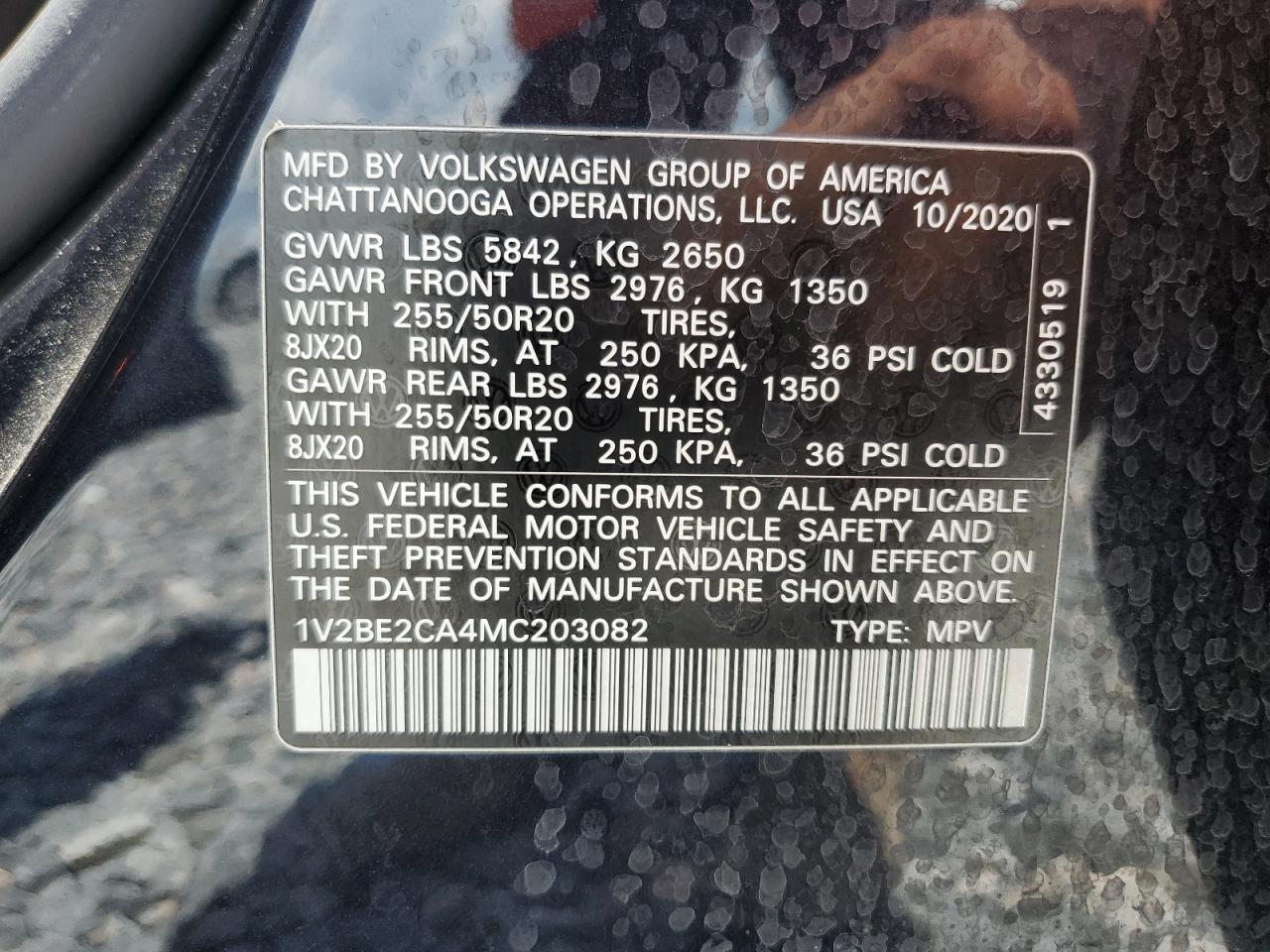 1v2be2ca4mc203082 1V2BE2CA4MC203082 2021 Volkswagen Atlas Cross Sport Sel