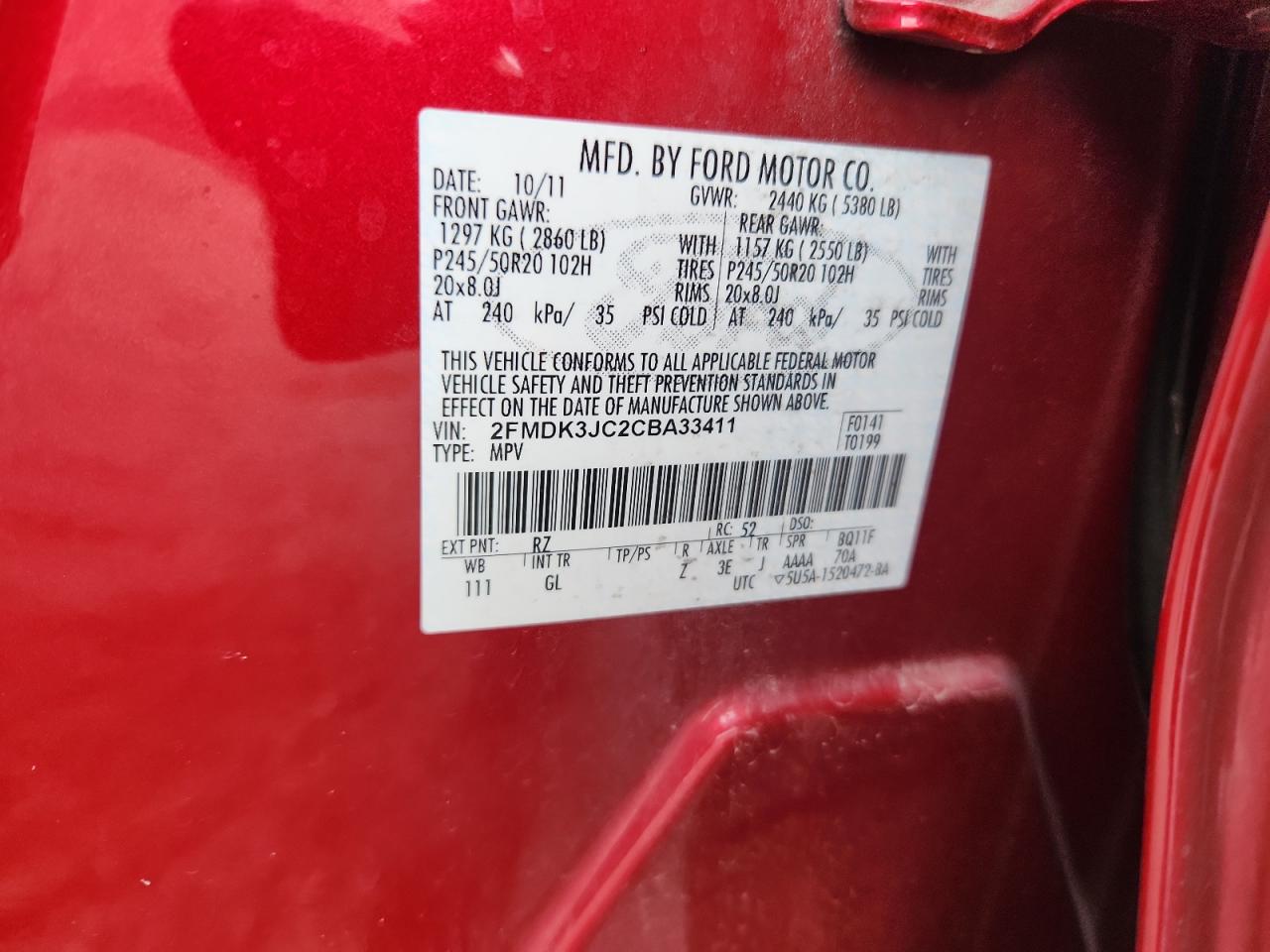 2012 Ford Edge Sel VIN: 2FMDK3JC2CBA33411 Lot: 64589175