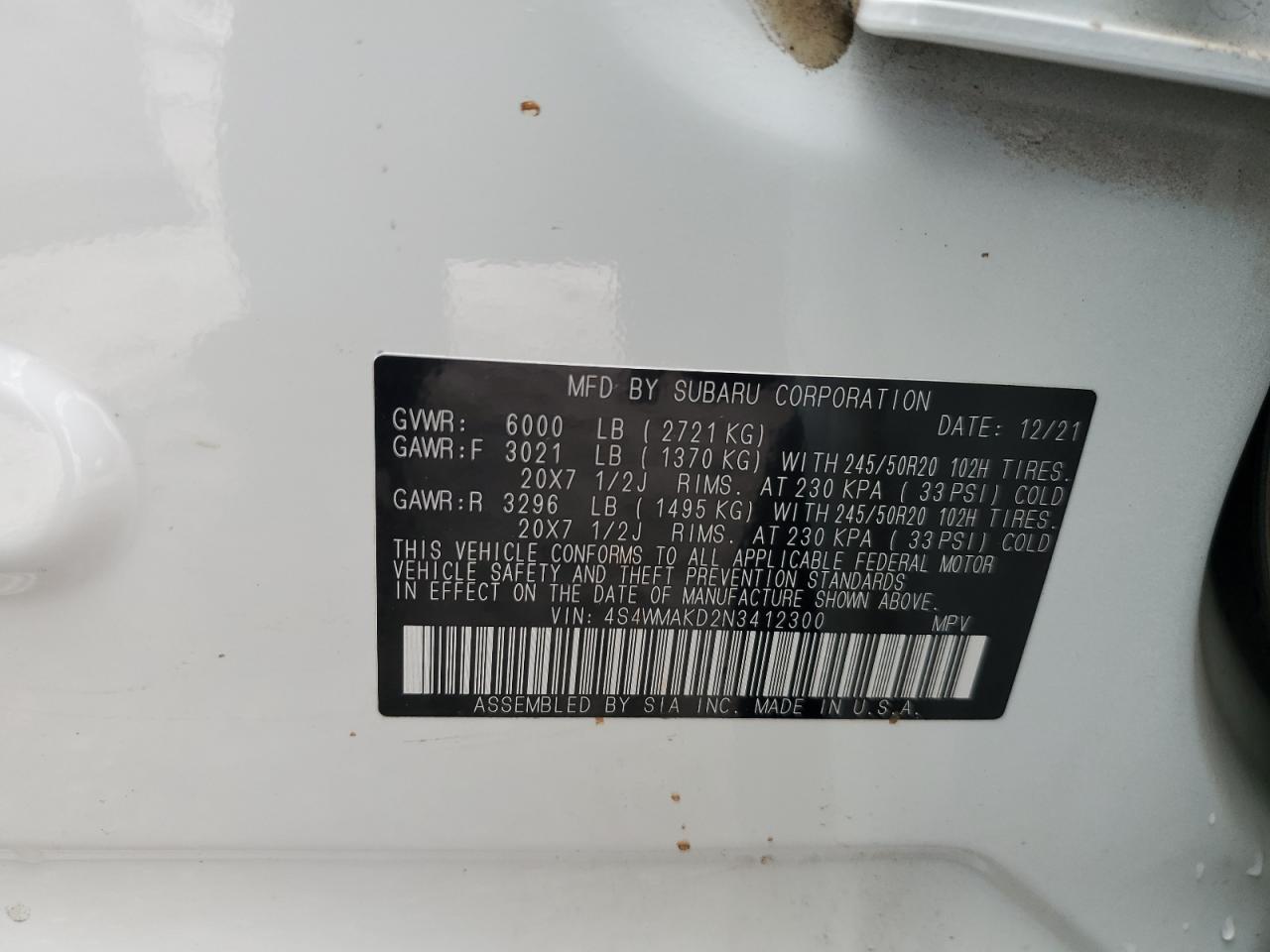 2022 Subaru Ascent Limited VIN: 4S4WMAKD2N3412300 Lot: 63044815
