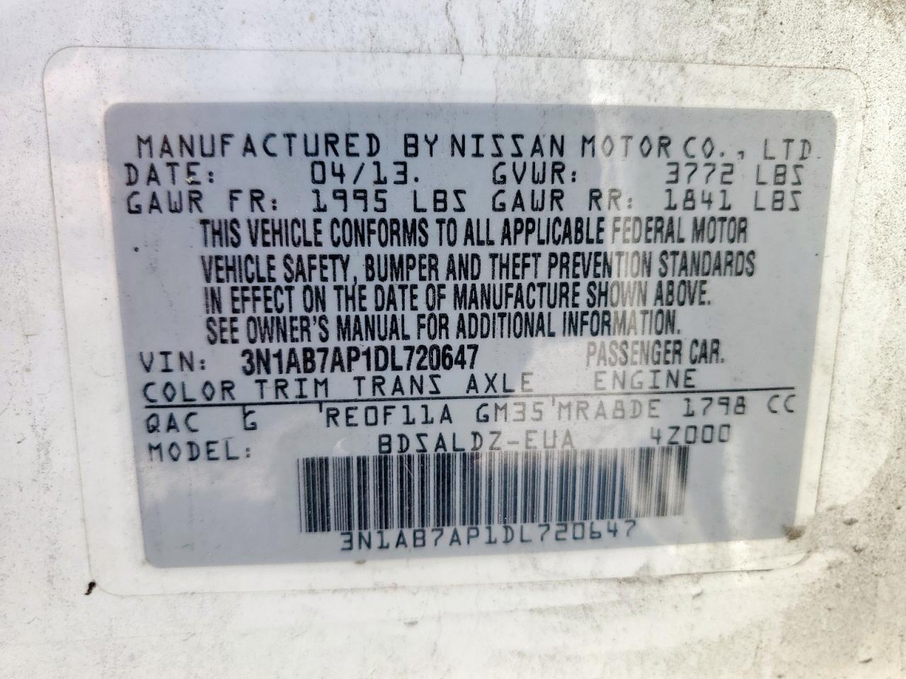 2013 Nissan Sentra S VIN: 3N1AB7AP1DL720647 Lot: 64626585