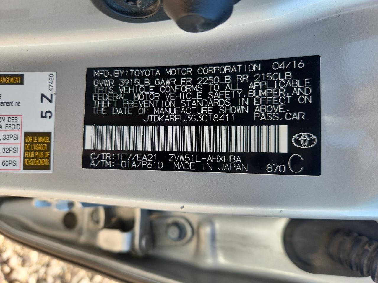 2016 Toyota Prius VIN: JTDKARFU3G3018411 Lot: 64587545