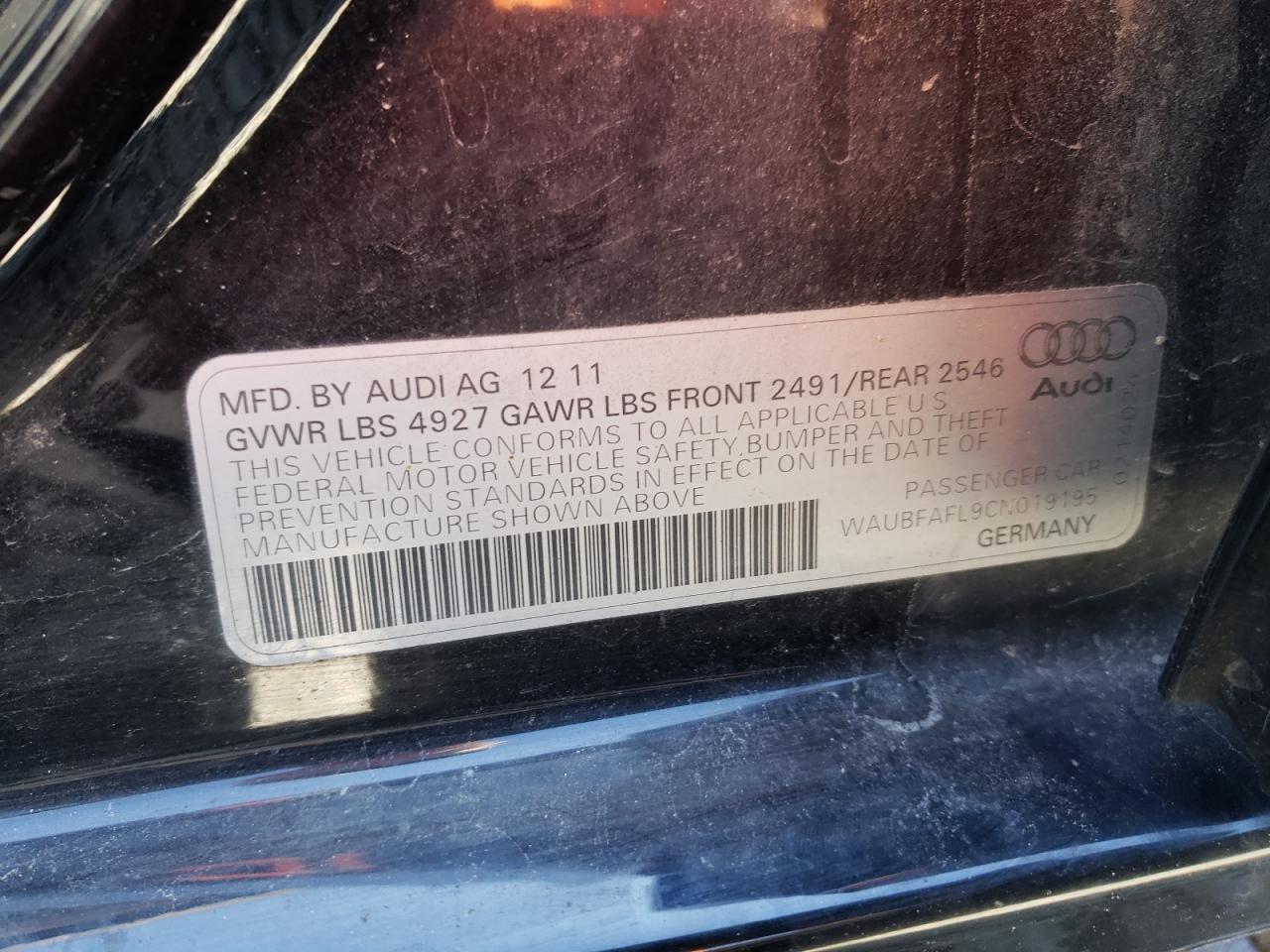 2012 Audi A4 Premium VIN: WAUBFAFL9CN019195 Lot: 64826295