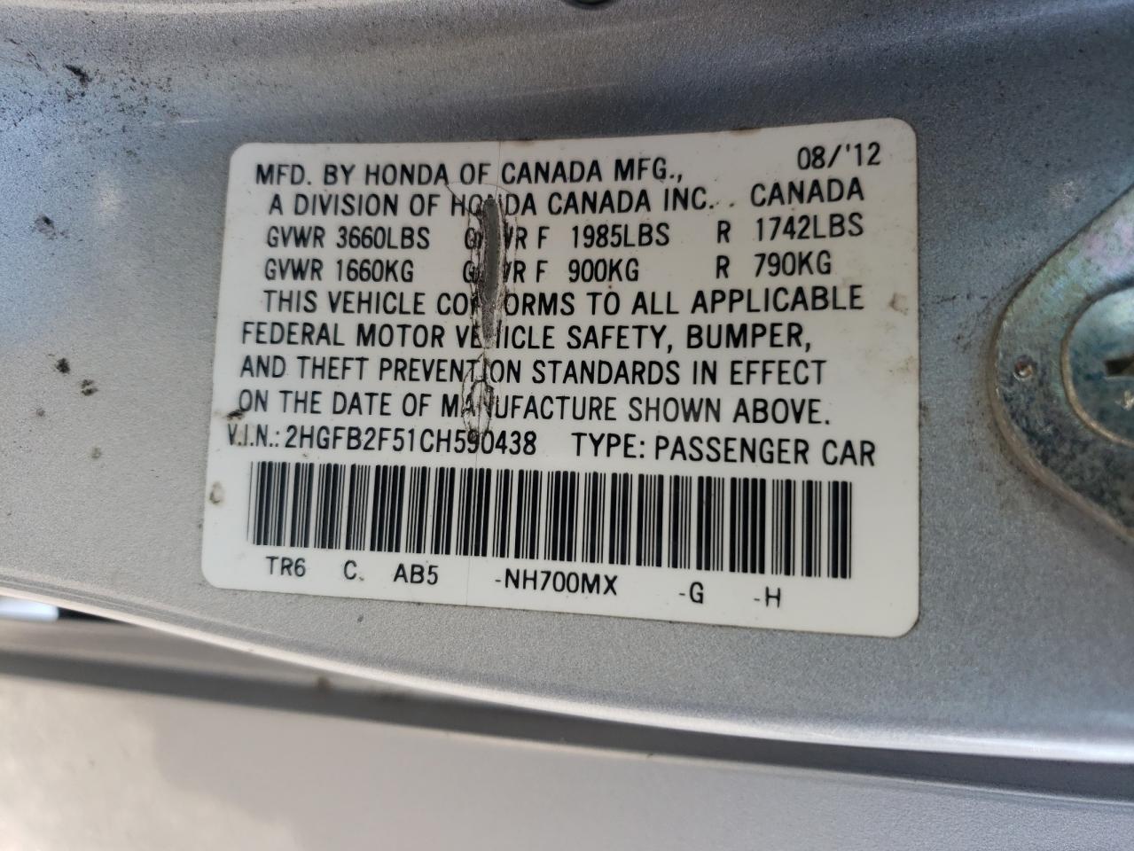 2012 Honda Civic Lx VIN: 2HGFB2F51CH590438 Lot: 54137355