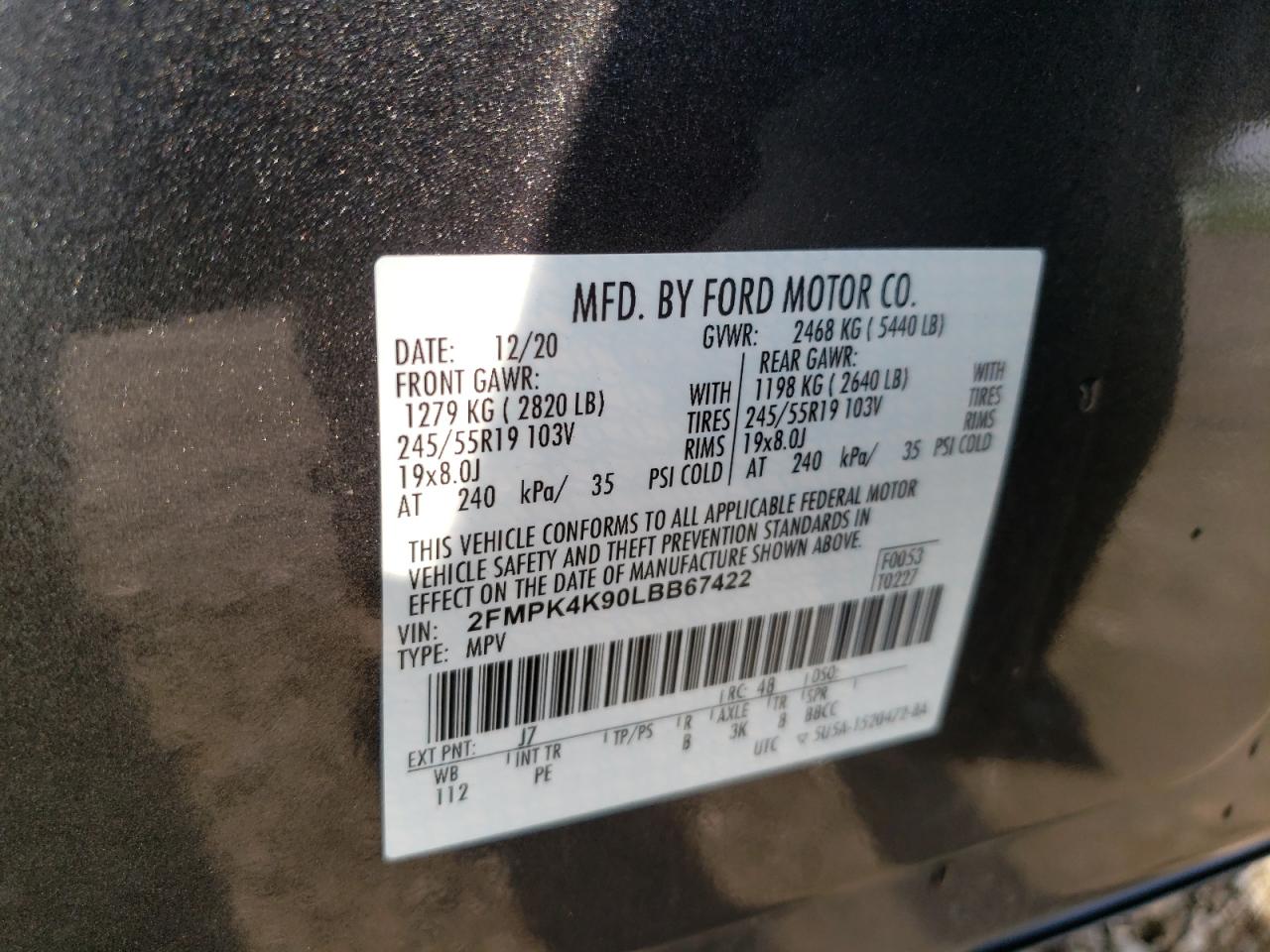 2020 Ford Edge Titanium VIN: 2FMPK4K90LBB67422 Lot: 86861235