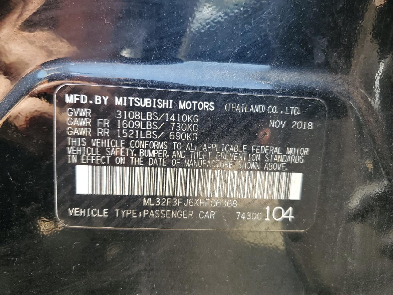 2019 Mitsubishi Mirage G4 Es VIN: ML32F3FJ6KHF06368 Lot: 63114555