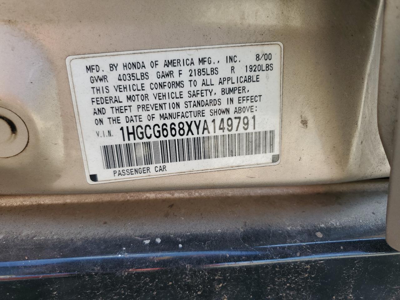 2000 Honda Accord Ex VIN: 1HGCG668XYA149791 Lot: 64577305