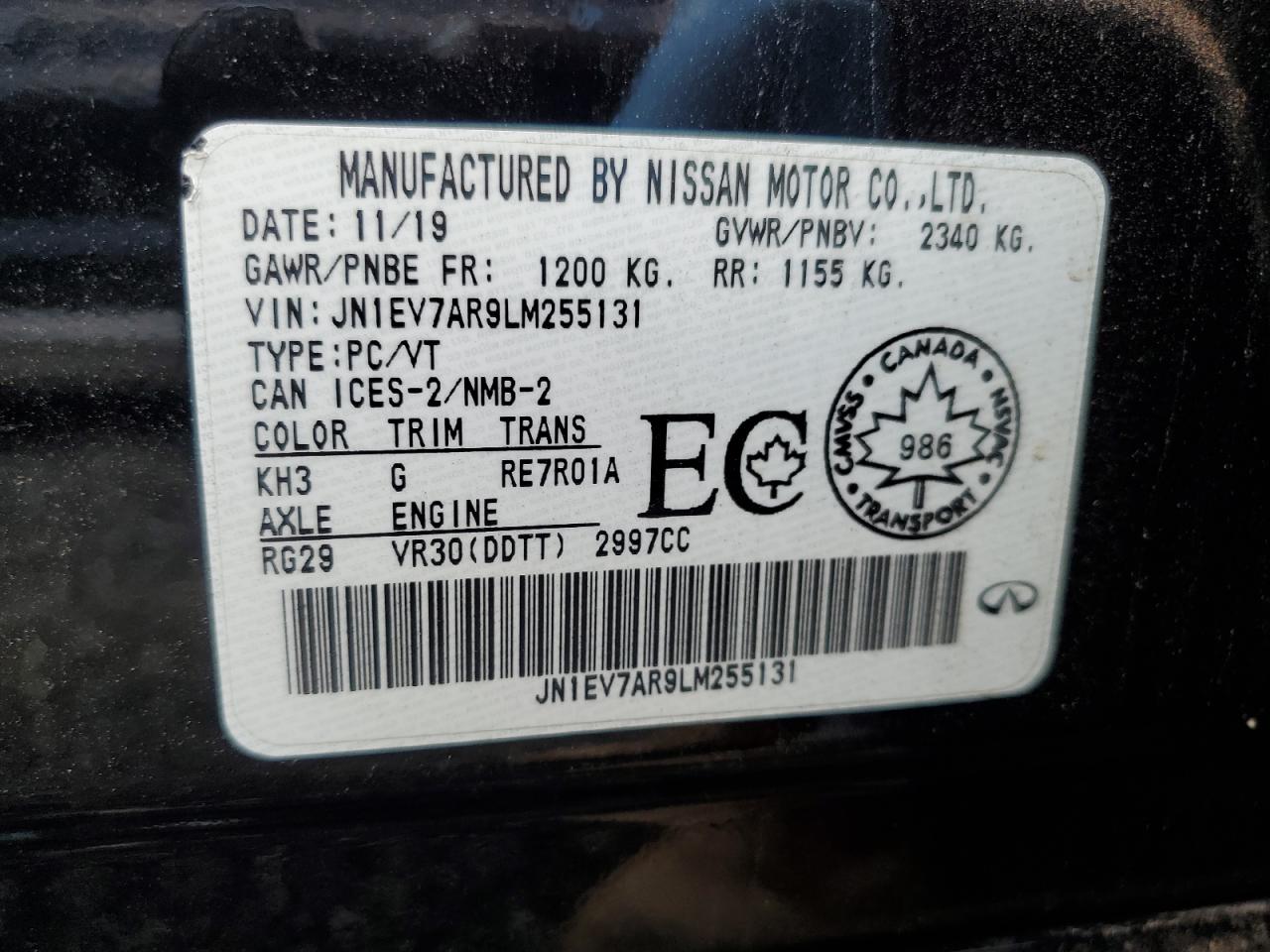 2020 Infiniti Q50 Pure VIN: JN1EV7AR9LM255131 Lot: 64744995