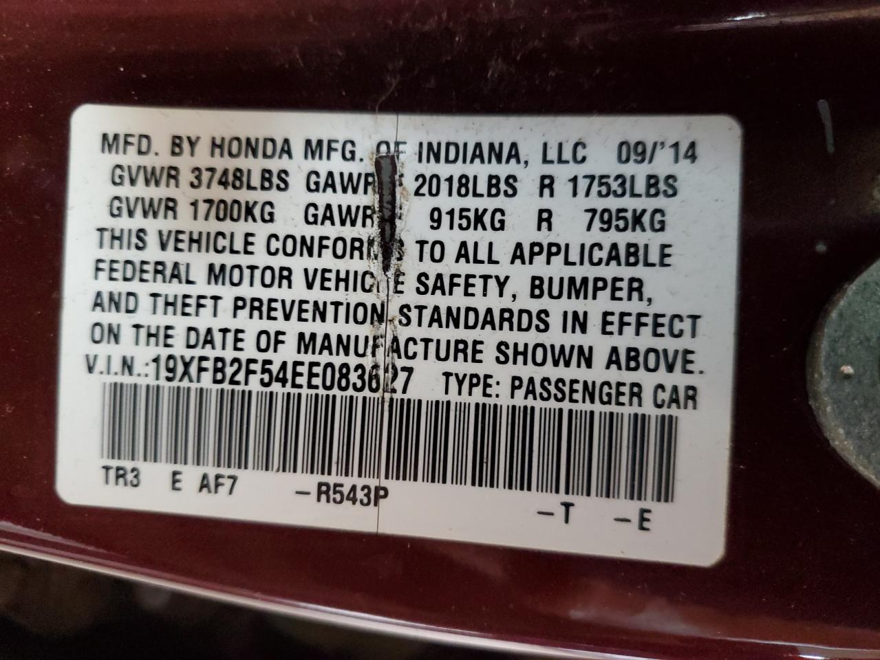 2014 Honda Civic Lx VIN: 19XFB2F54EE083627 Lot: 65521865