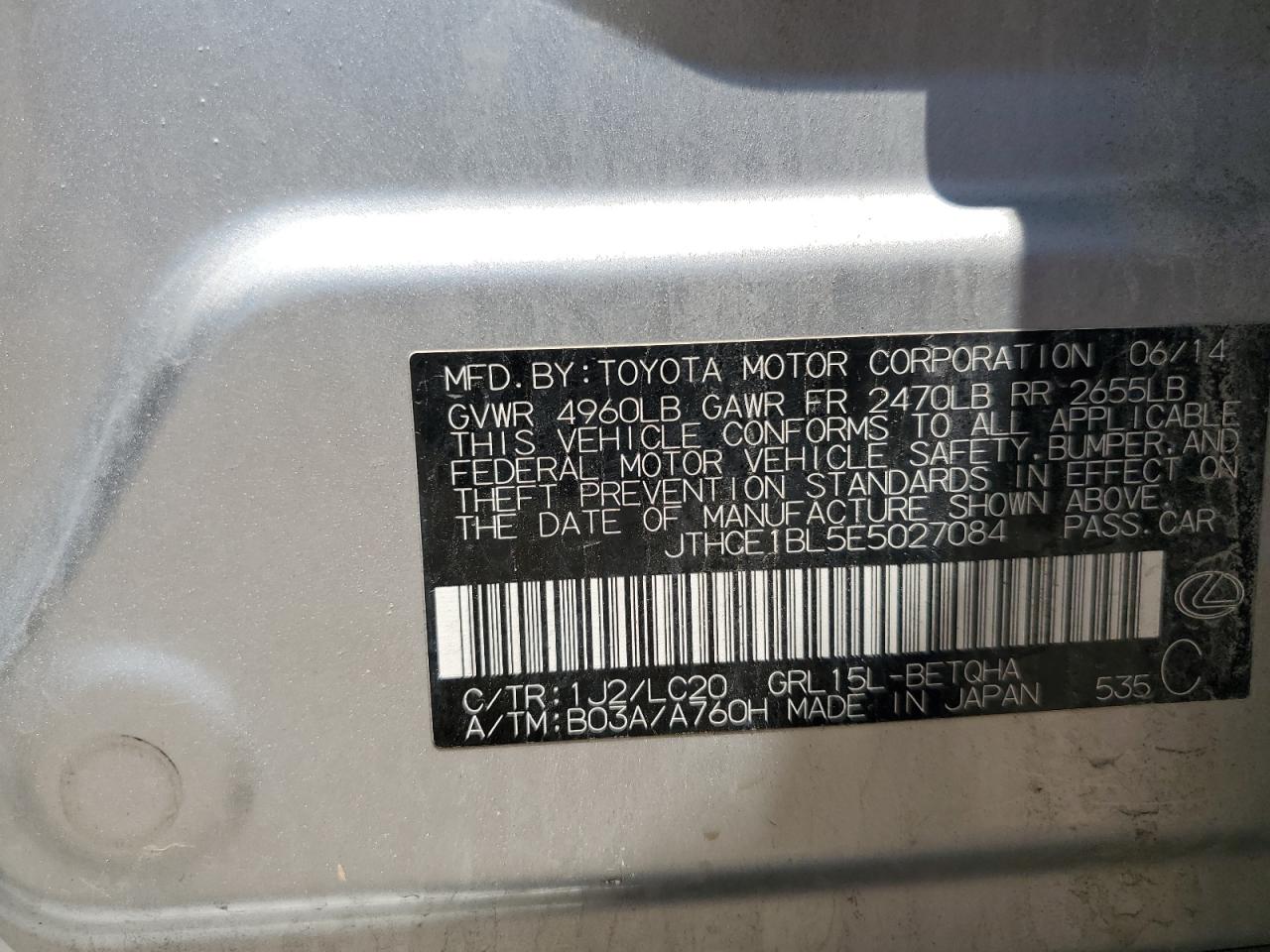 2014 Lexus Gs 350 VIN: JTHCE1BL5E5027084 Lot: 63187425