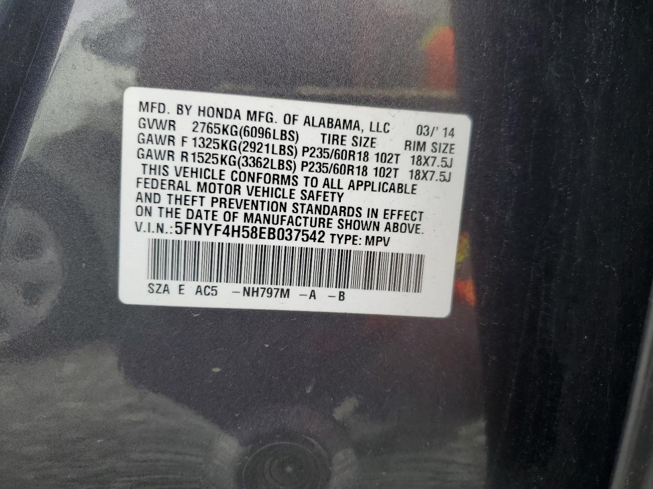 2014 Honda Pilot Exl VIN: 5FNYF4H58EB037542 Lot: 64106675