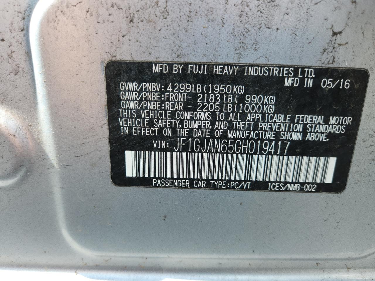 2016 Subaru Impreza Limited VIN: JF1GJAN65GH019417 Lot: 64760475