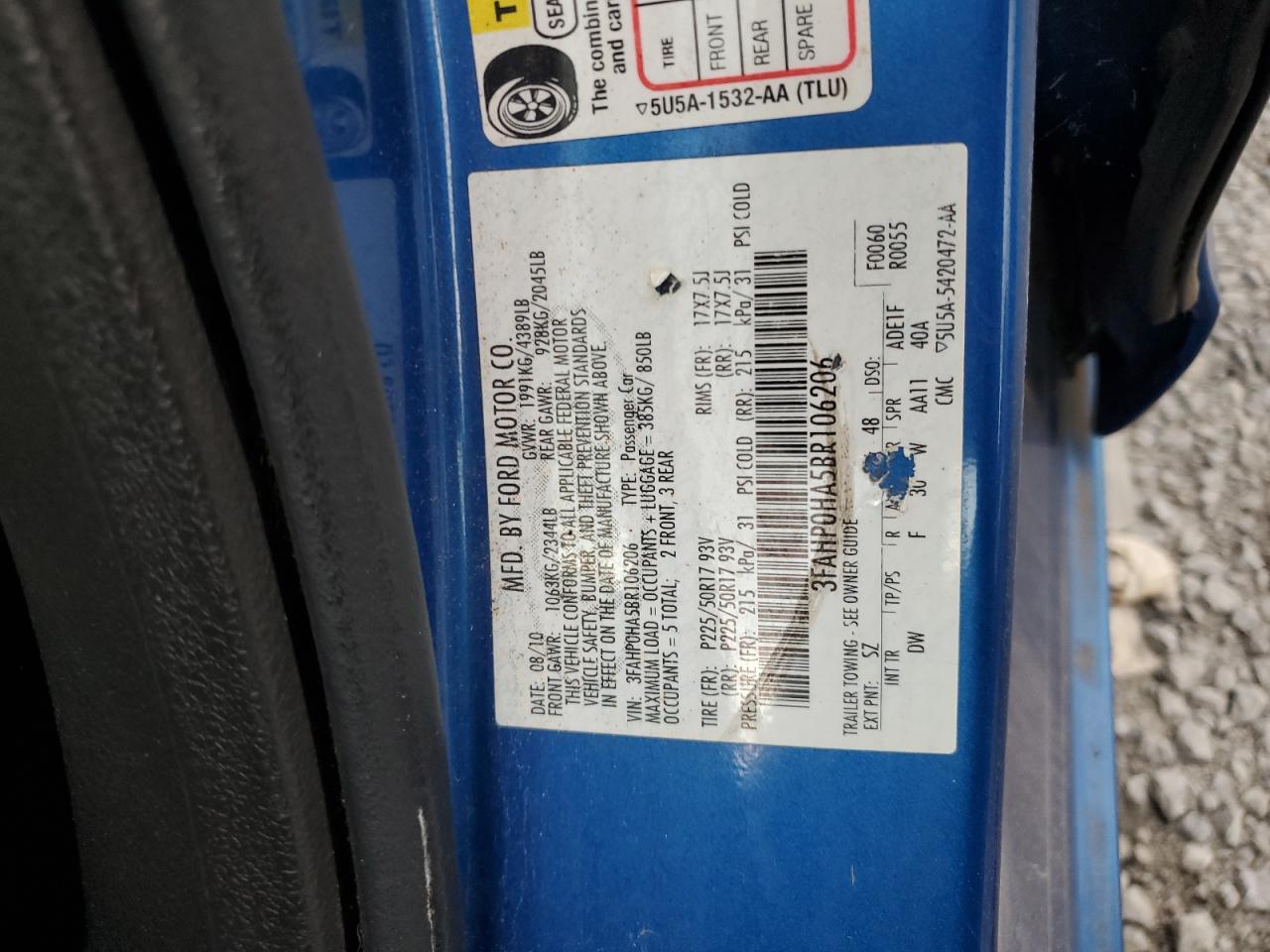 2011 Ford Fusion Se VIN: 3FAHP0HA5BR106206 Lot: 65461205