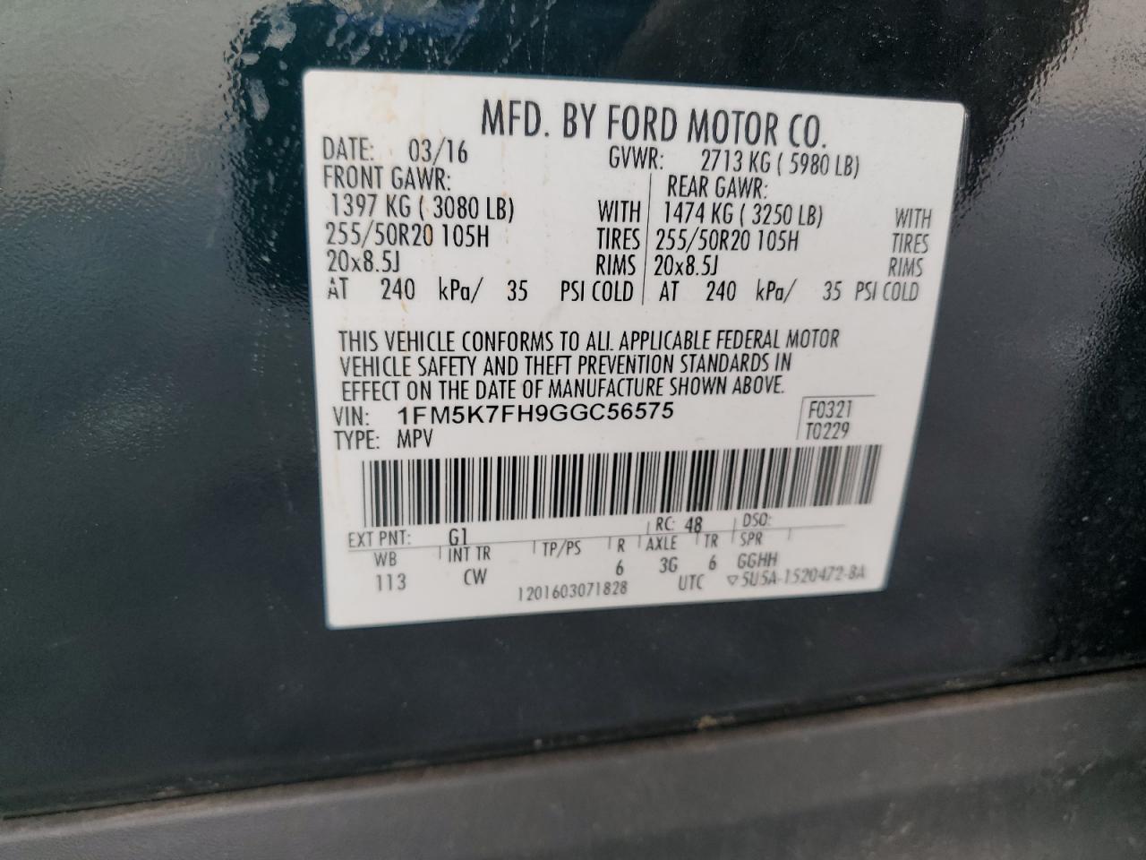 2016 Ford Explorer Limited VIN: 1FM5K7FH9GGC56575 Lot: 62933065