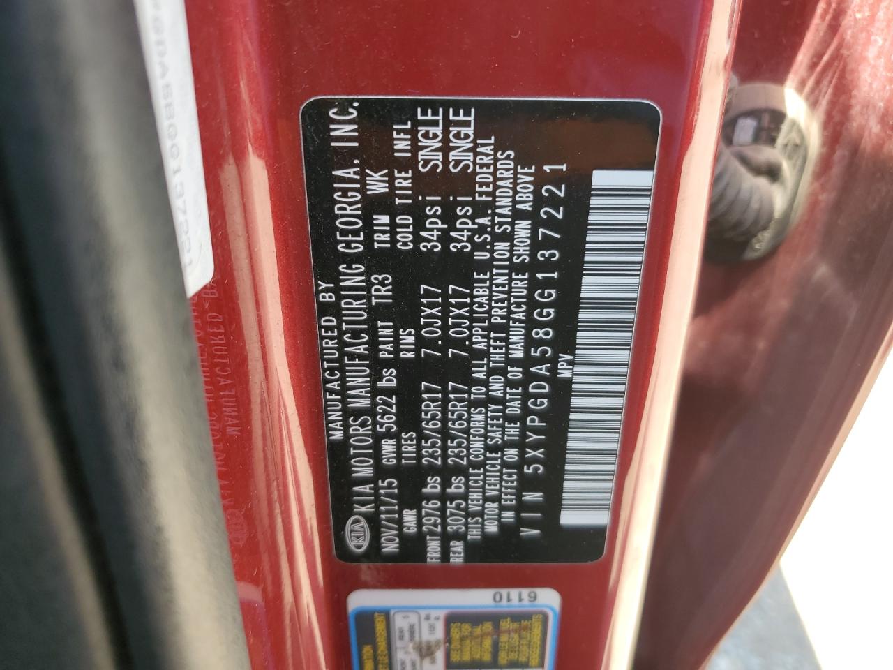 2016 Kia Sorento Lx VIN: 5XYPGDA58GG137221 Lot: 65081185