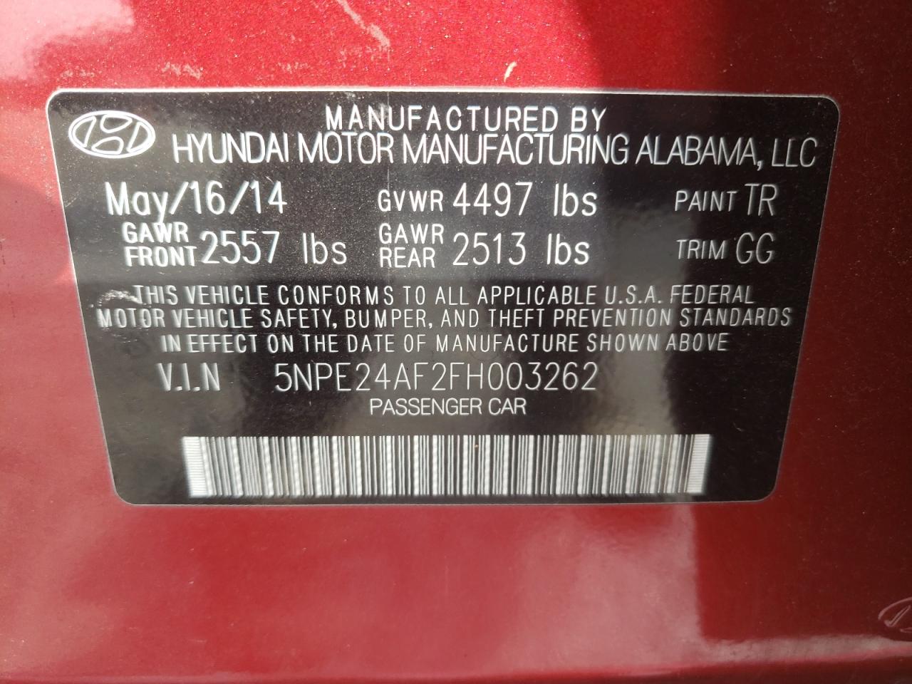 2015 Hyundai Sonata Se VIN: 5NPE24AF2FH003262 Lot: 64845445