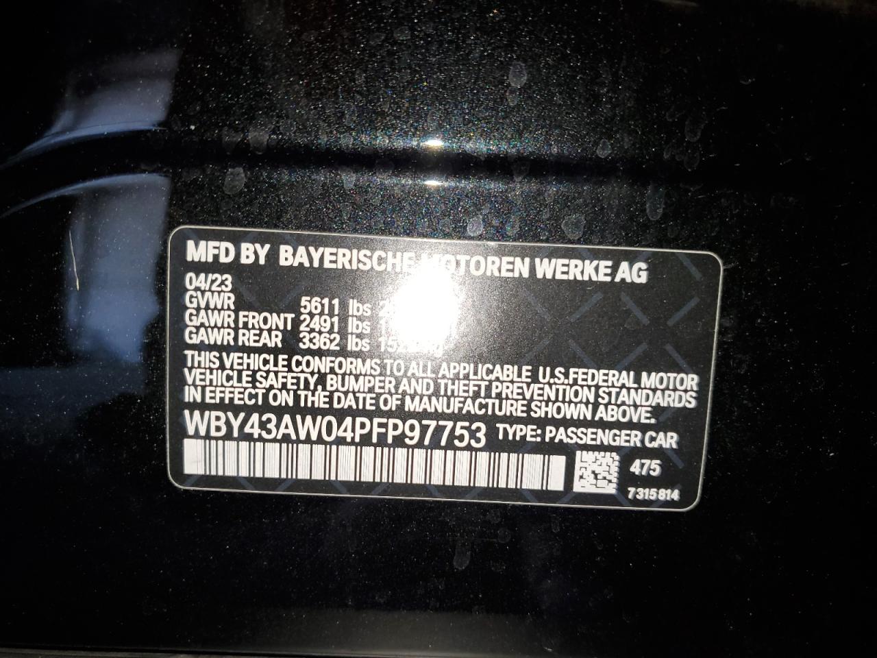 2023 BMW I4 Edrive 35 VIN: WBY43AW04PFP97753 Lot: 67144695