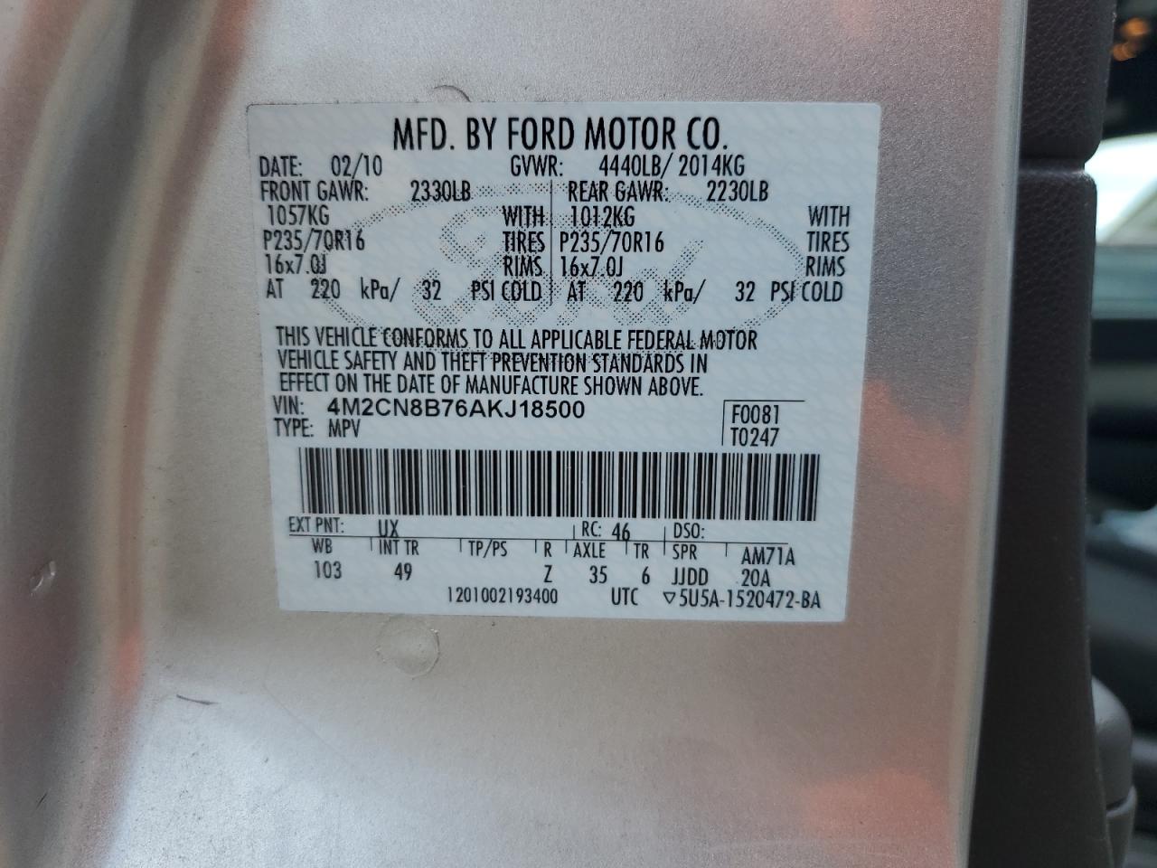 2010 Mercury Mariner VIN: 4M2CN8B76AKJ18500 Lot: 63201245